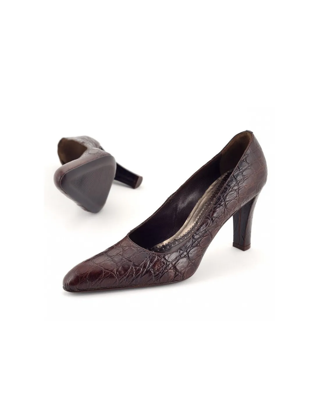 Damskie Alfio Cecconi czolenka z brazowej naturalnej skory tloczonej na wzor croco