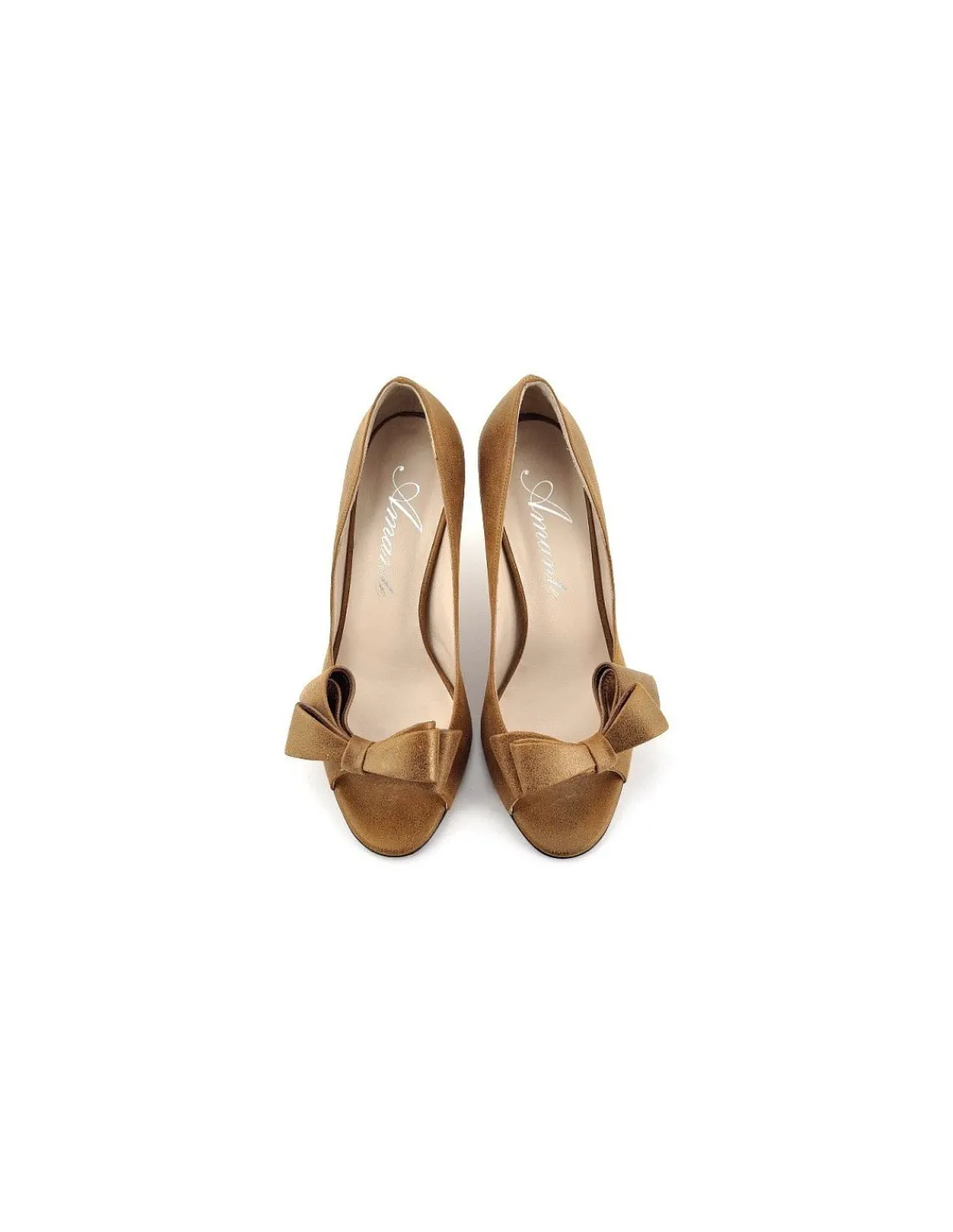 Damskie Amante czolenka z duza kokarda ze skory w kolorze starego zlota