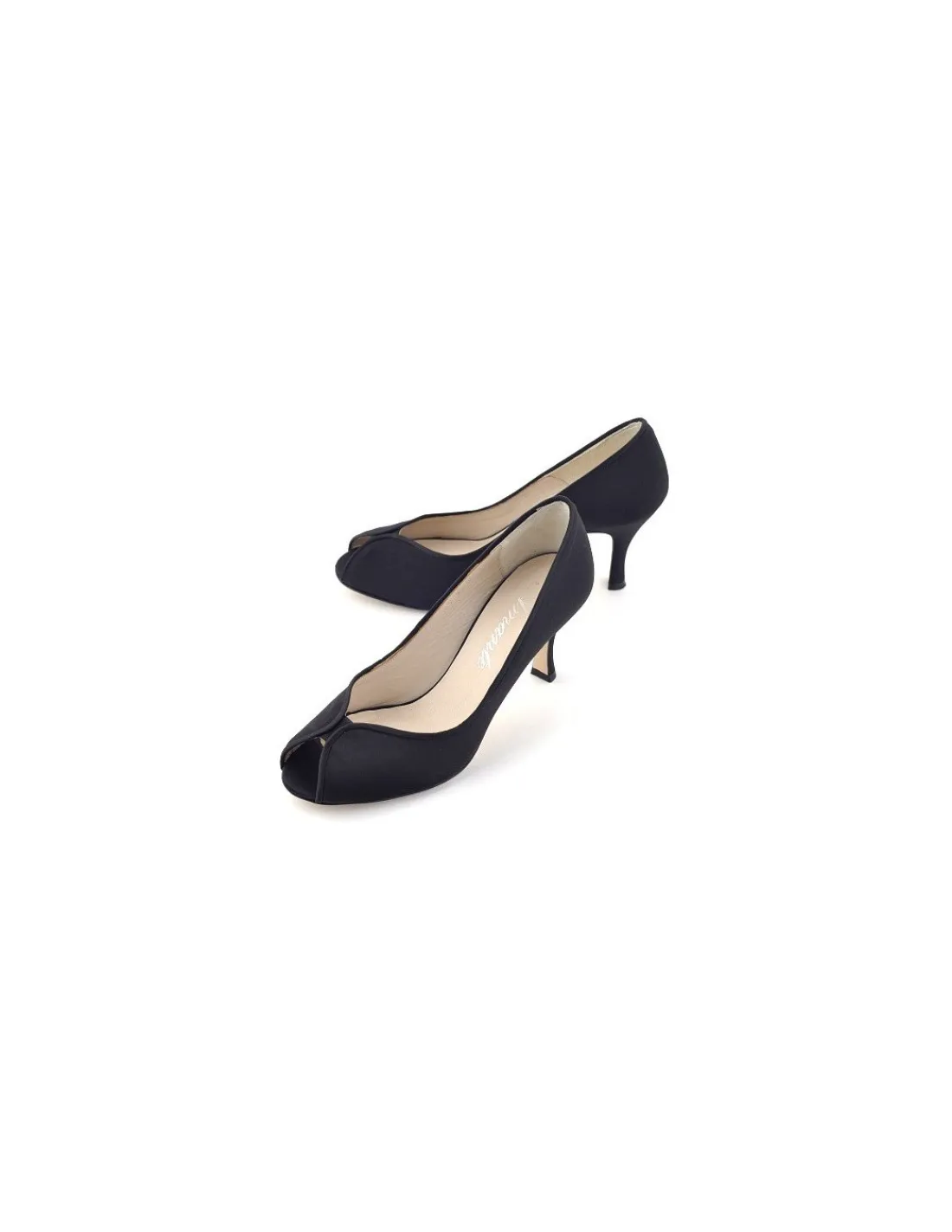 Damskie Amante czolenka, czarna satyna jedwabnai naturalna skora, open toe i niskie szpilki