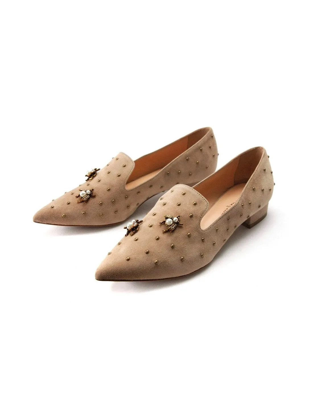 Damskie Anna Pollen laufers z zamszu w bezowym kolorze z bizuteria