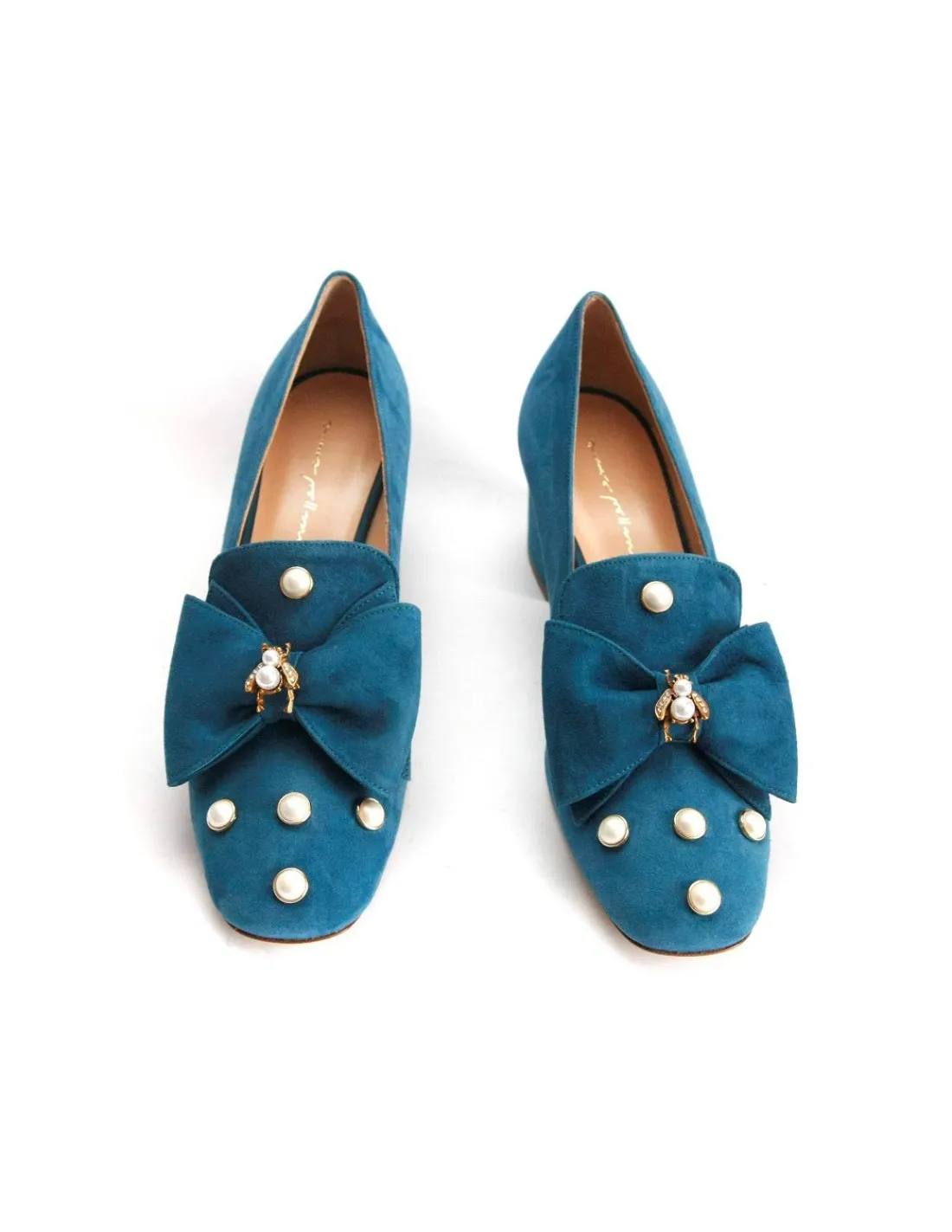 Damskie Anna Pollen czolenka z naturalnego zamszu z kokarda i perlami