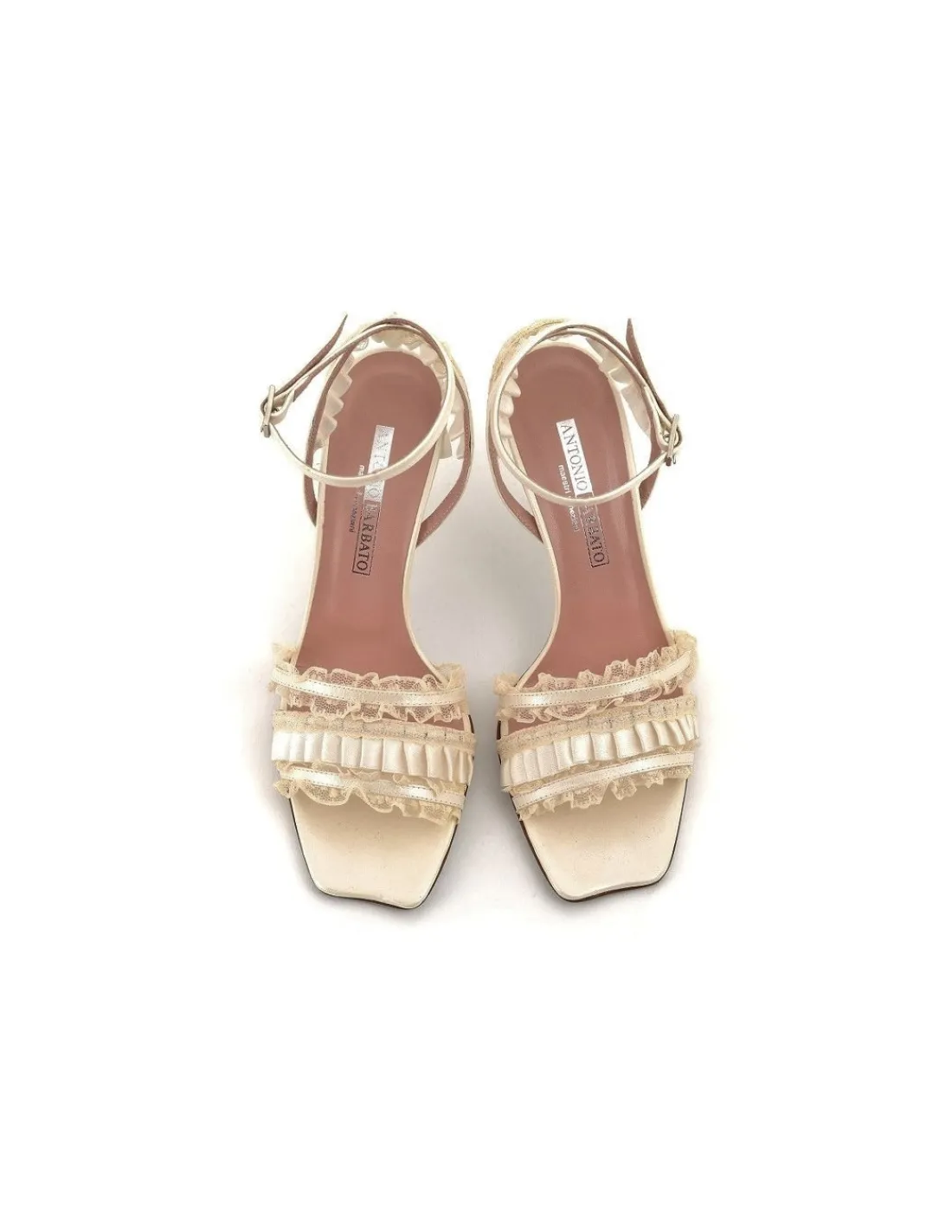 Damskie Antonio Barbato sandaly ze skory, falbanek i koronki w kolorze ecru, autorskie, unikatowe okazjonalne na specjalne okazje