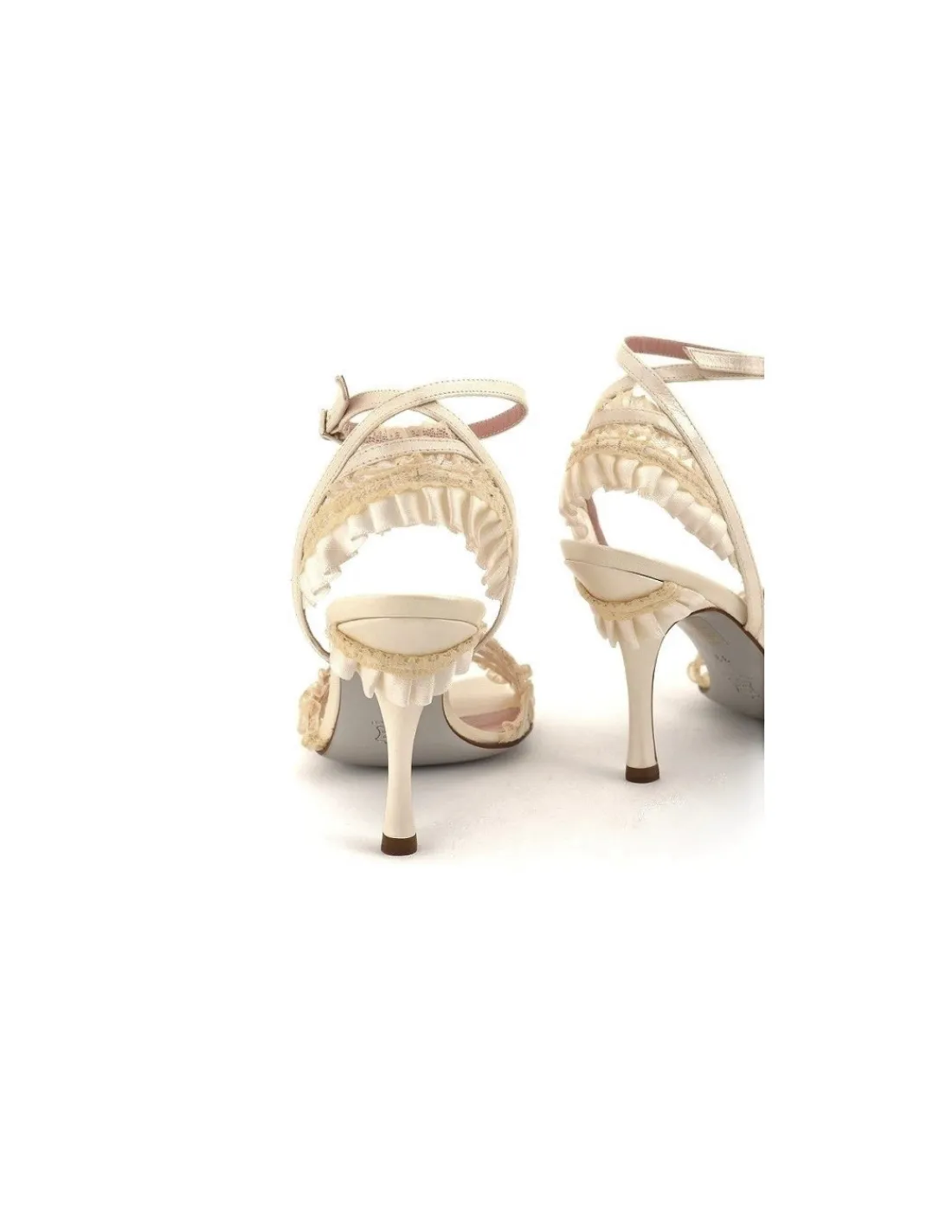 Damskie Antonio Barbato sandaly ze skory, falbanek i koronki w kolorze ecru, autorskie, unikatowe okazjonalne na specjalne okazje
