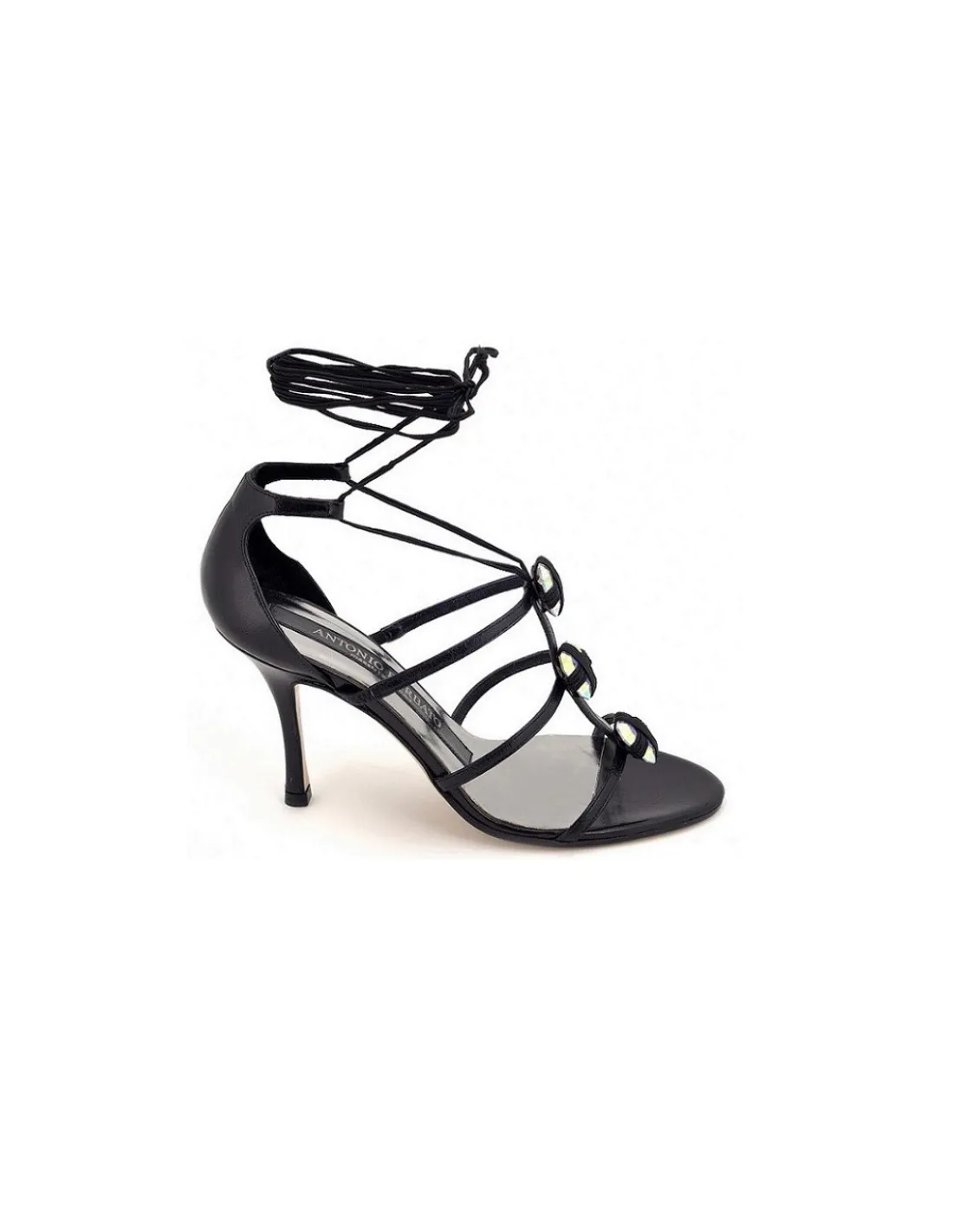 Damskie Antonio Barbato sandaly wizytowe, unikatowe, autorskie ze skory wiazane nad kostka, wysokie obcasy, krysztaly od Swarovski