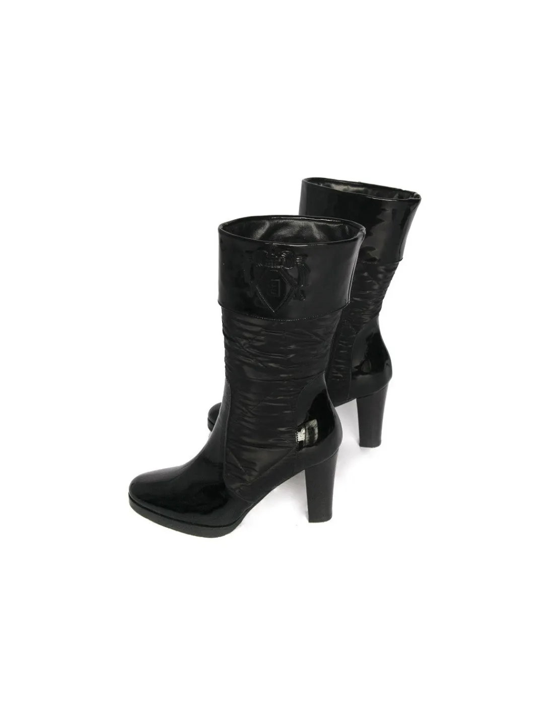 Damskie Baldinini botki z lakierowanej naturalnej skory i pikowanej tkaniny na obcasach i z platforma