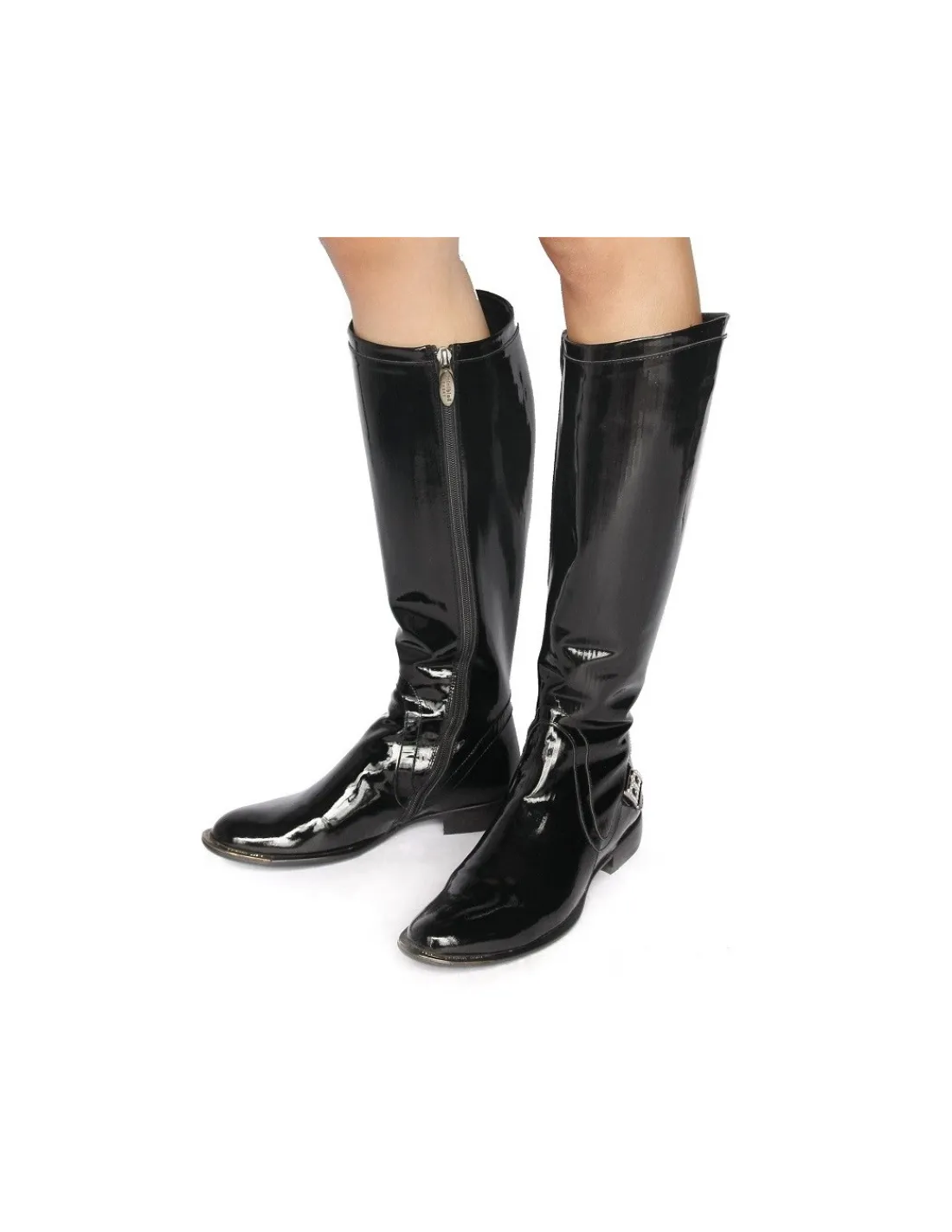 Damskie Baldinini kozaki, oficerki z naturalnej lakierowanej czarnej skory ze struktura i ozdobne logo marki