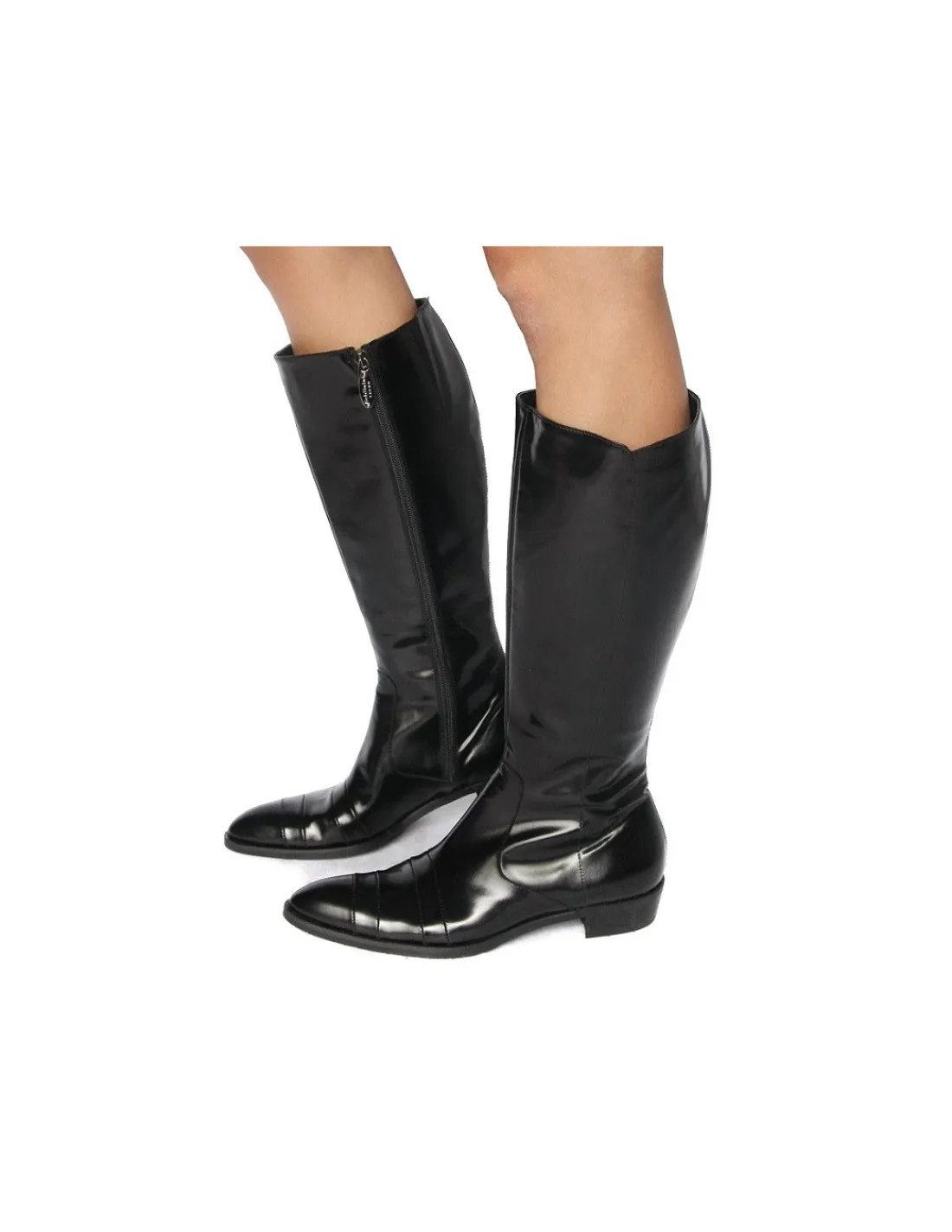 Damskie Baldinini kozaki, oficerki z czarnej polerowanej skory z noskiem w szpic, cholewka taliowana