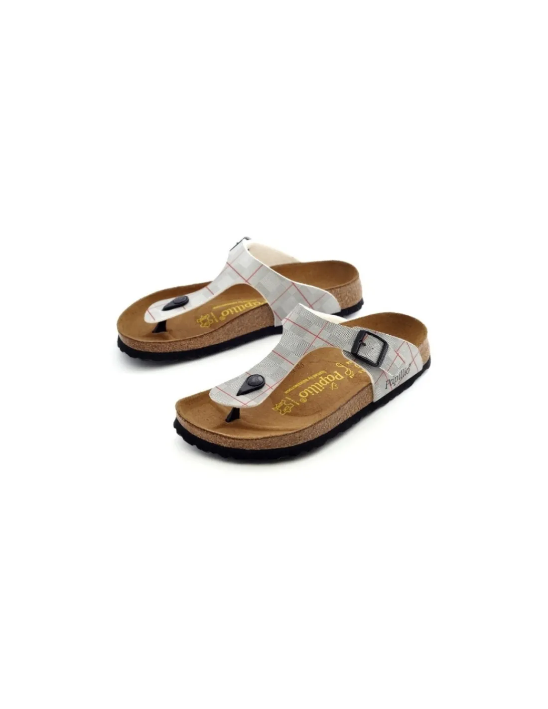 Damskie Birkenstock _ PAPILLIO sandaly japonki birkoflor, szara kratka i czerwony paseczek