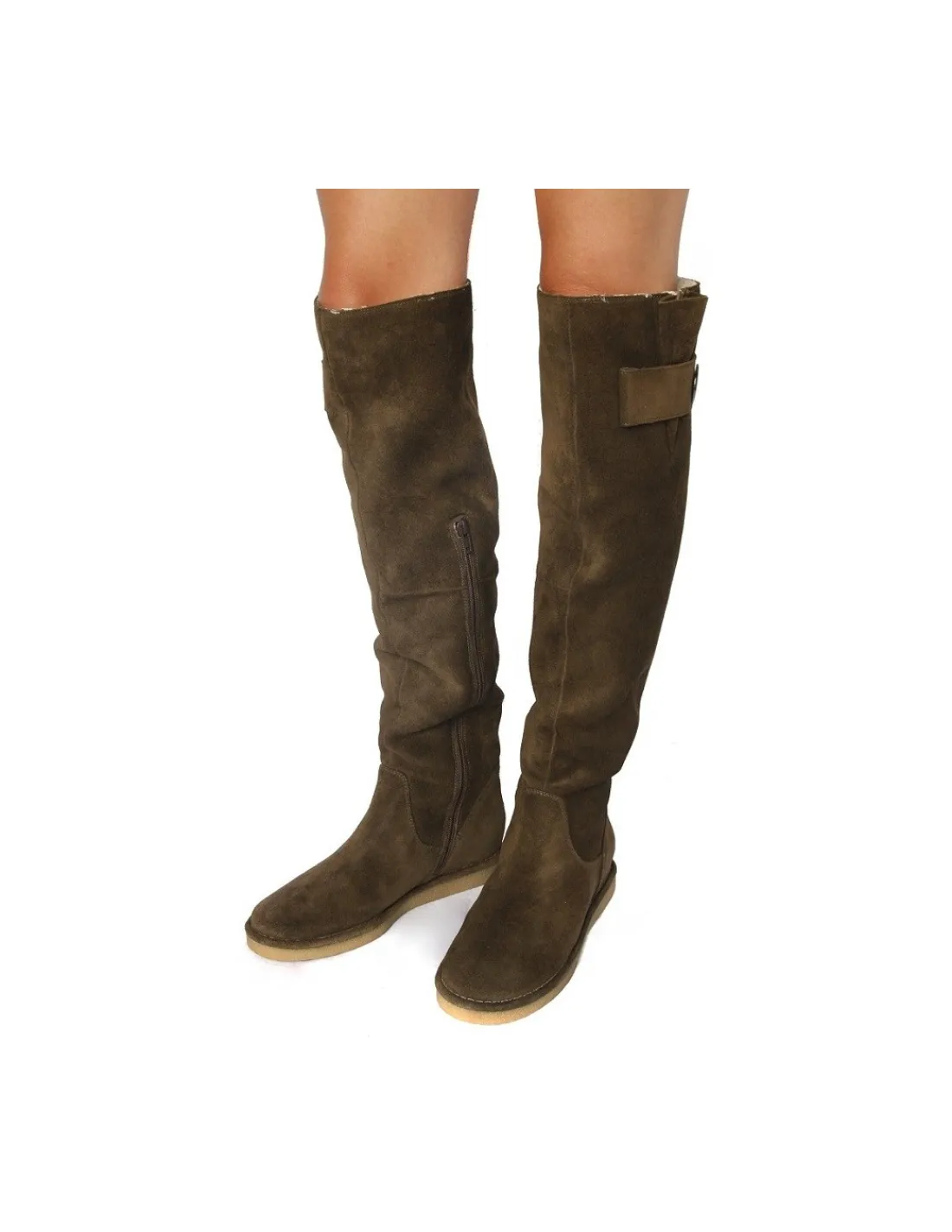 Damskie Bruno Premi kozaki plaskie zelowki, naturalny zamsz khaki