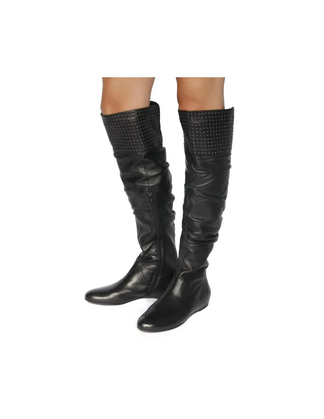 Damskie Bruno Premi kozaki na kolano z miekkiej czarnej skory, opaska z malutkich nitow i ukryty koturn