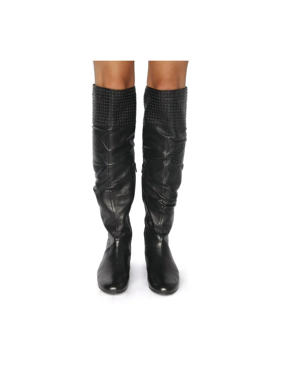Damskie Bruno Premi kozaki na kolano z miekkiej czarnej skory, opaska z malutkich nitow i ukryty koturn