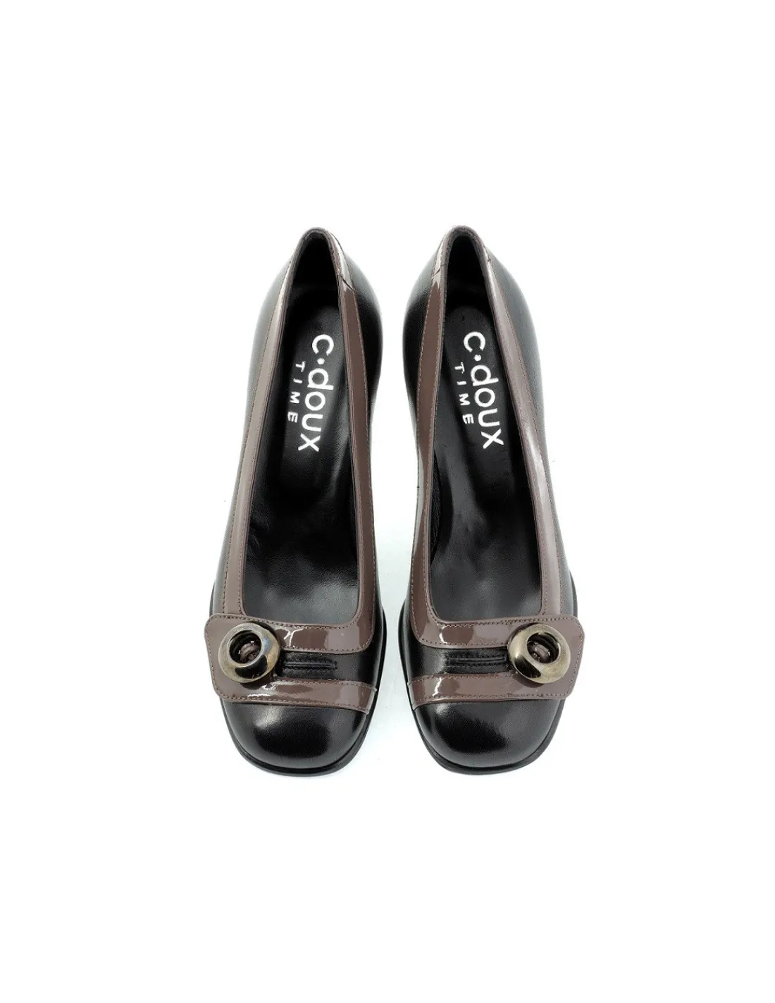 c_doux_czolenka_skorzane__2.webp Damskie C.doux c. DOUX czolenka skorzane czarno- brazowe na niskich stabilnych obcasach