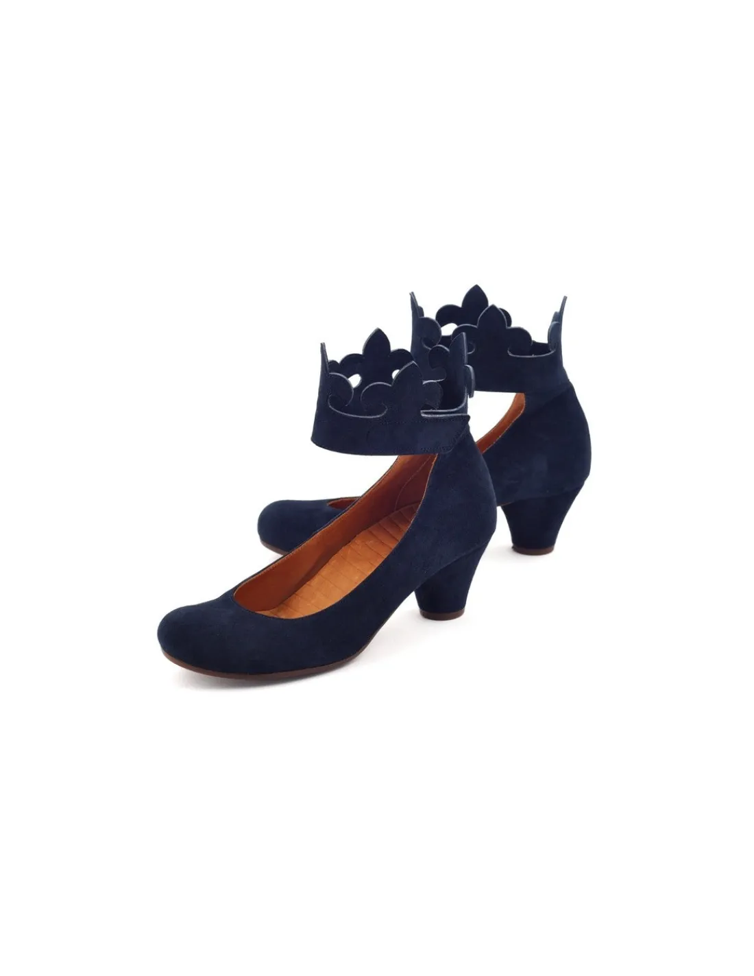 Damskie Chie Mihara czolenka z korona na niskich obcasach granatowy zamsz