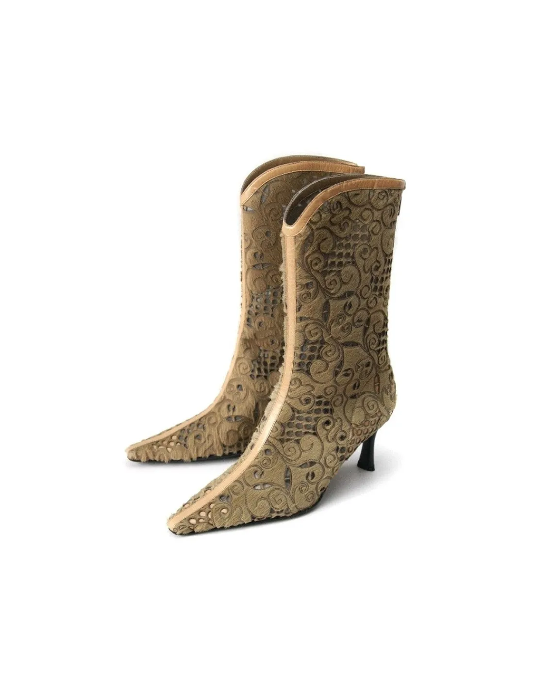 Damskie Di Sandro botki z bezowej skory z wlosiem i laserowym azurowym wzorem, unikatowe