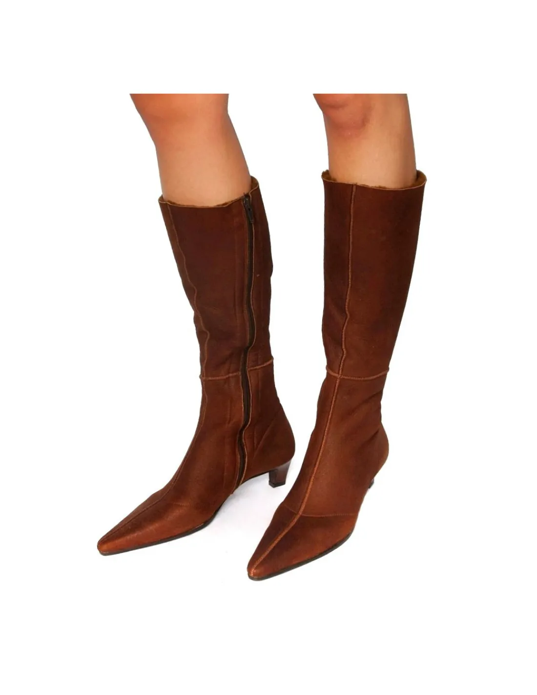 Damskie Enrico Antinori kozaki z zamkiem, z noskiem w szpic, taliowane z naturalnej skory- brazowy kozuch