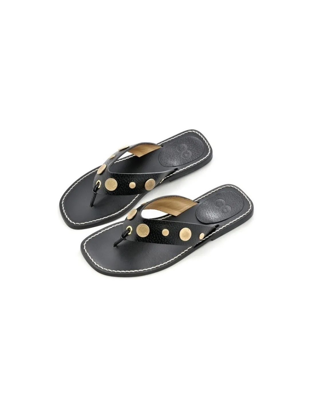 Damskie Escada sport sandaly, japonki w calosci z naturalnej czarnej skory i zlote ozdobne monety