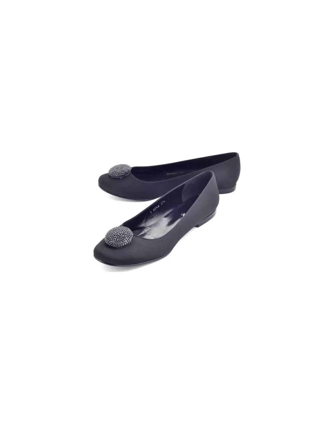 Damskie 100% Fe baleriny klasyczne, czarna satyna, naturalna skora, ozdoba Swarovski