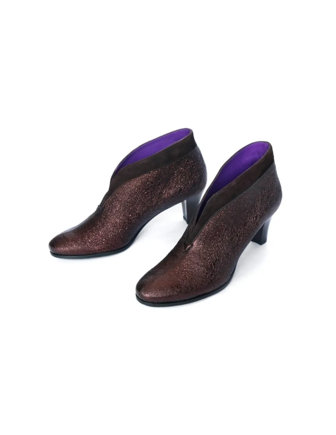 Damskie 100% Fe botki na obcasach, zamsz w stonowanym kolorze, brazowo- miedziana skora ze struktura, efektowne