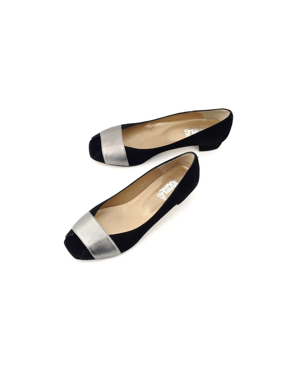 Damskie 100% Fe czolenka jak balerony open toe, czarny zamsz i srebrny metaliczny pasek