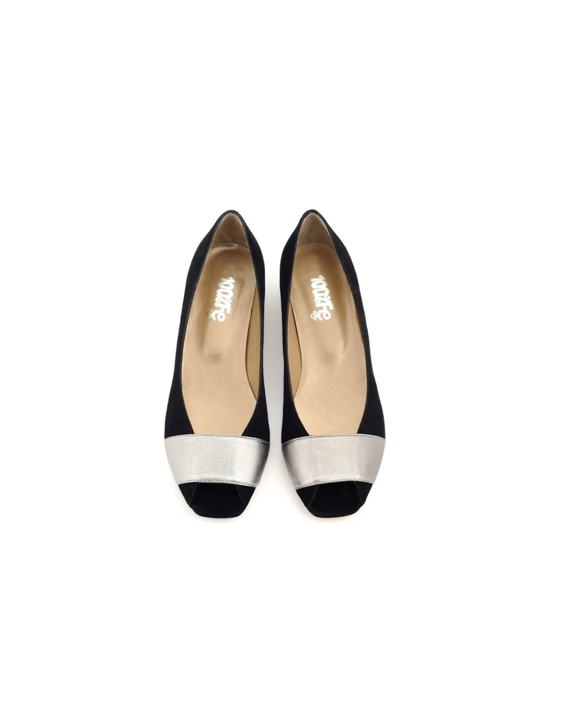 Damskie 100% Fe czolenka jak balerony open toe, czarny zamsz i srebrny metaliczny pasek