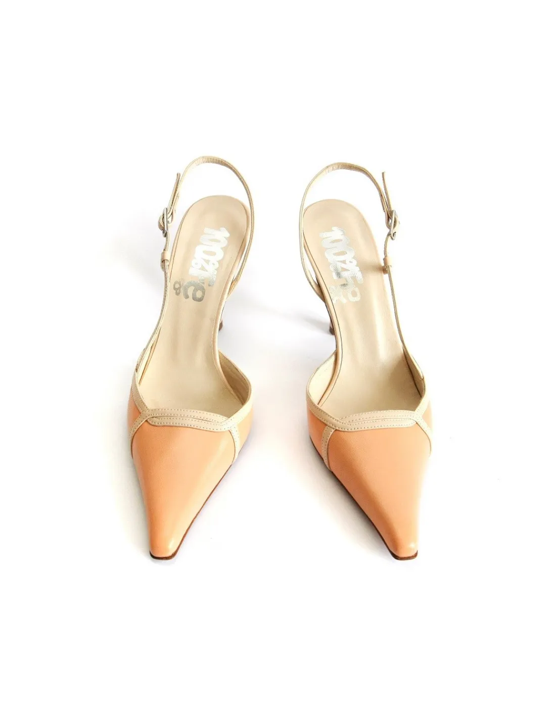 Damskie 100% Fe czolenka, slingback na szpilkach, brzoskwiniowe pastelowe, skorzane zgrabne