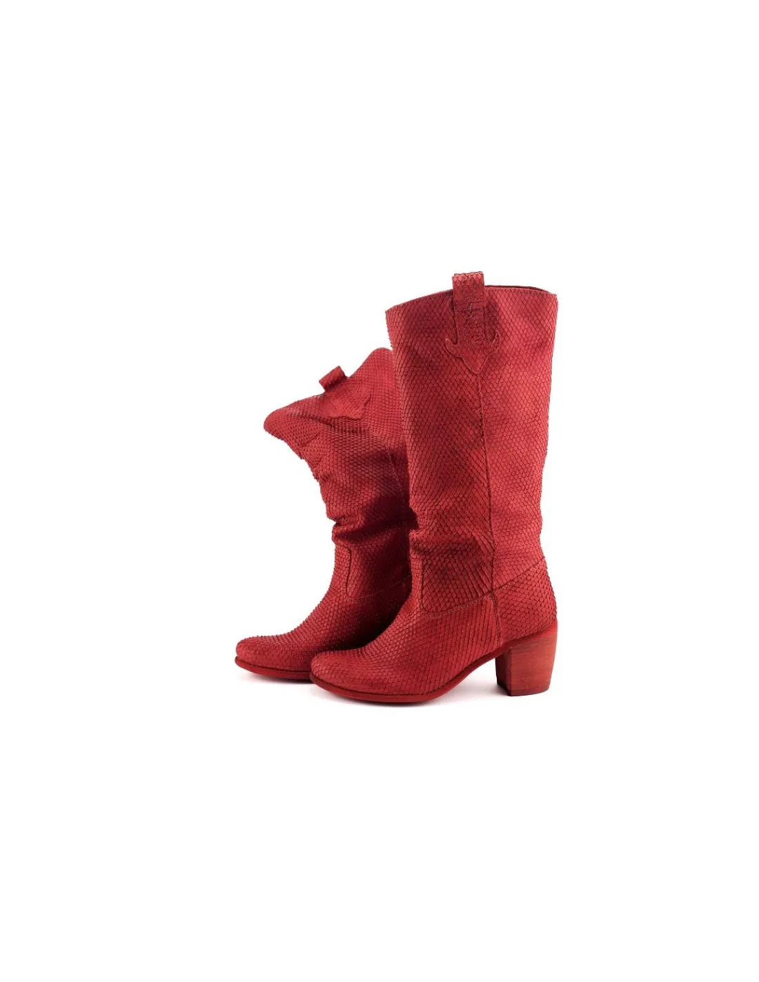 Damskie Felmini kozaki letnie z naturalnej pojedynczej skory z faktura luski, czerwone, na stabilnym obcasie