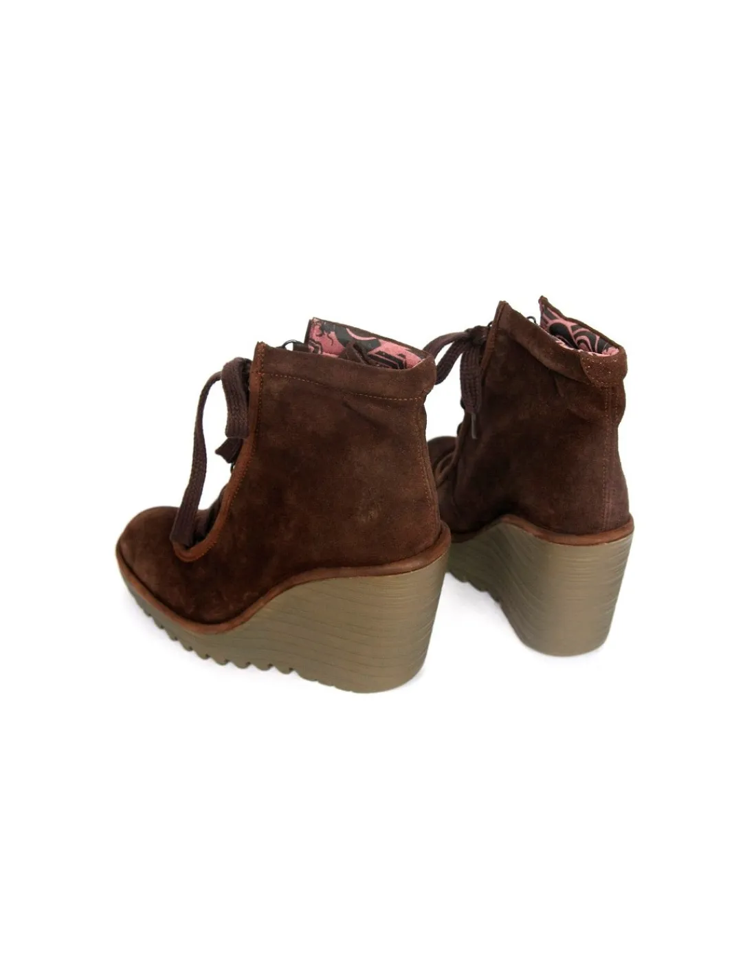 Damskie Fly London botki, trzewiki sznurowane na koturnach, brazowy naturalny zamsz