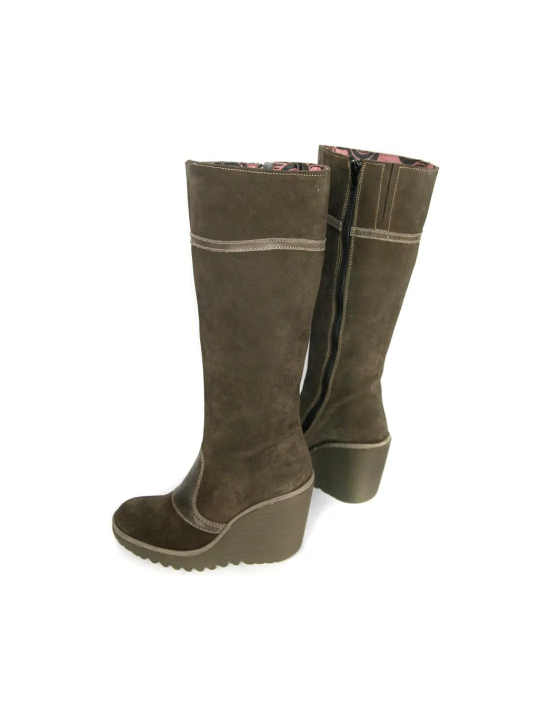 Damskie Fly London kozaki na koturnie z naturalnego zamszu i skory w kolorze khaki