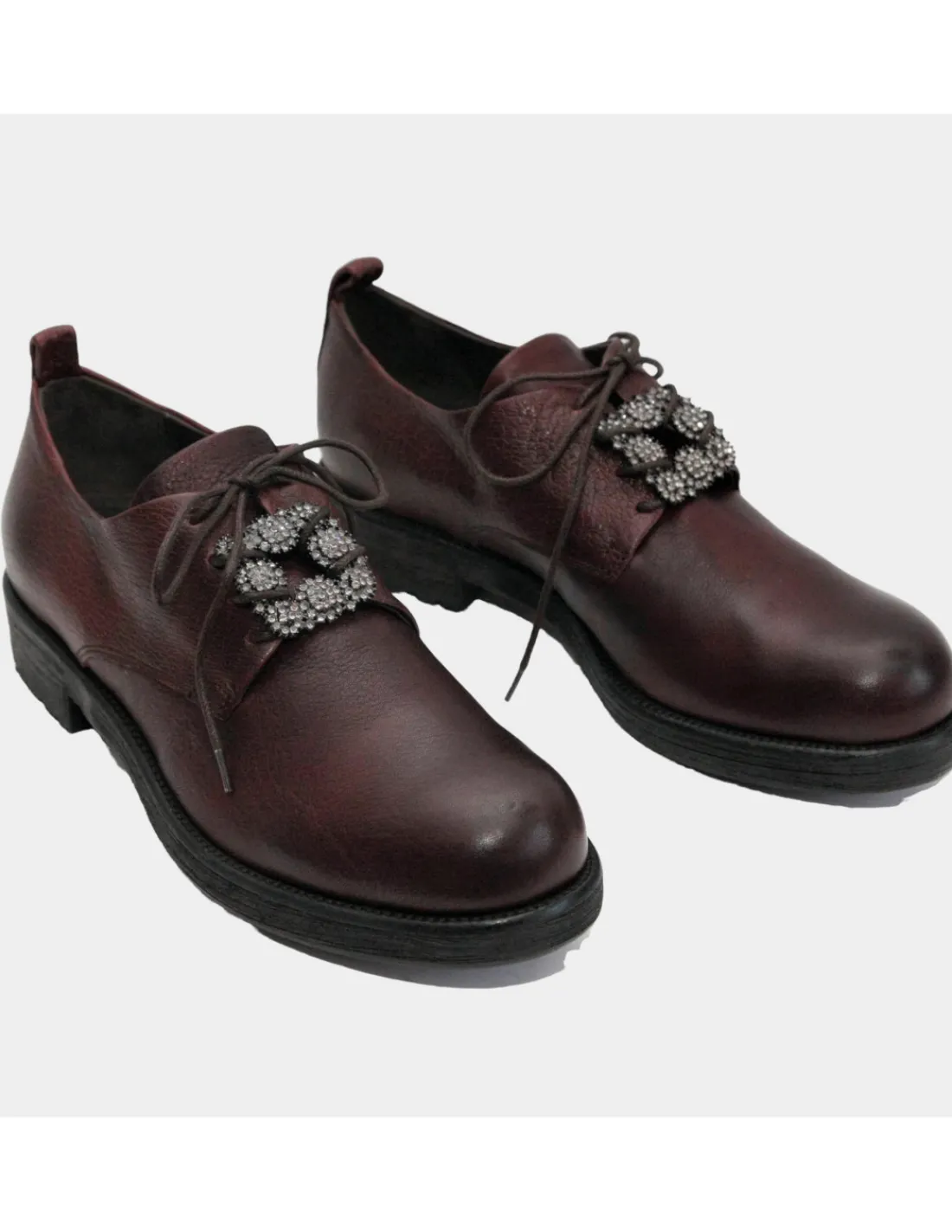 Damskie Fru.it polbuty derby z ozdoba i okraglymi noskami, skora w kolorze bordo- postarzanym