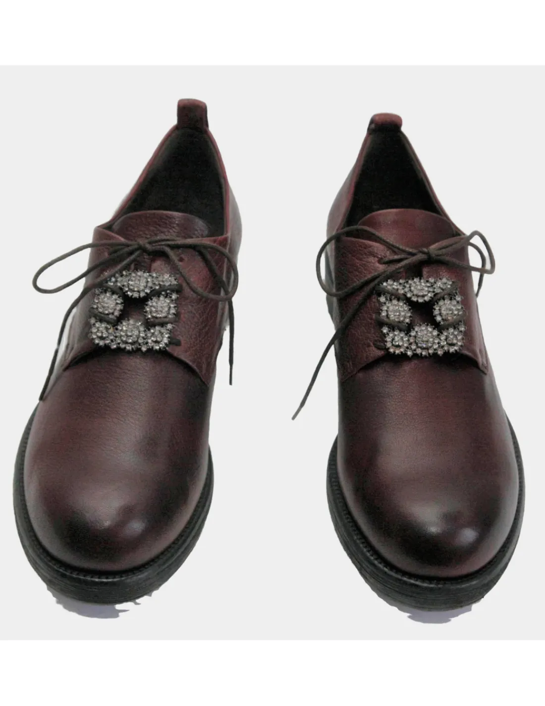 Damskie Fru.it polbuty derby z ozdoba i okraglymi noskami, skora w kolorze bordo- postarzanym