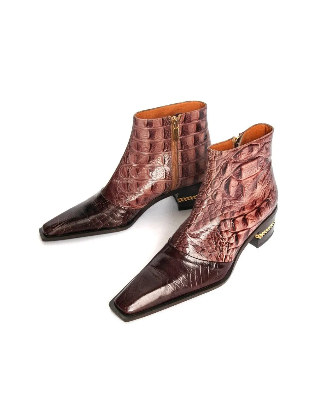 Damskie Gerardina di Maggio botki z naturalnej skory tloczonej jak croco z zameczkiem i ozdobnym zlotym lancuchem w obcasach