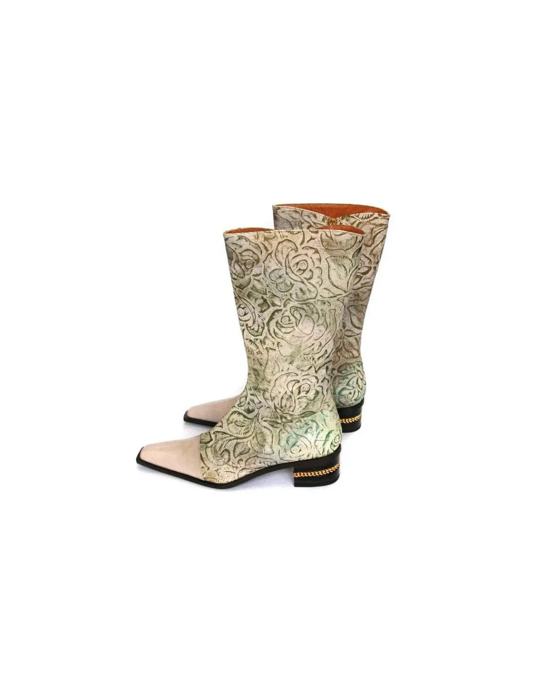 Damskie Gerardina di Maggio botki, kozaki 3/4 wysokosci lydki z naturalnych skor z antykowanym ornamentem