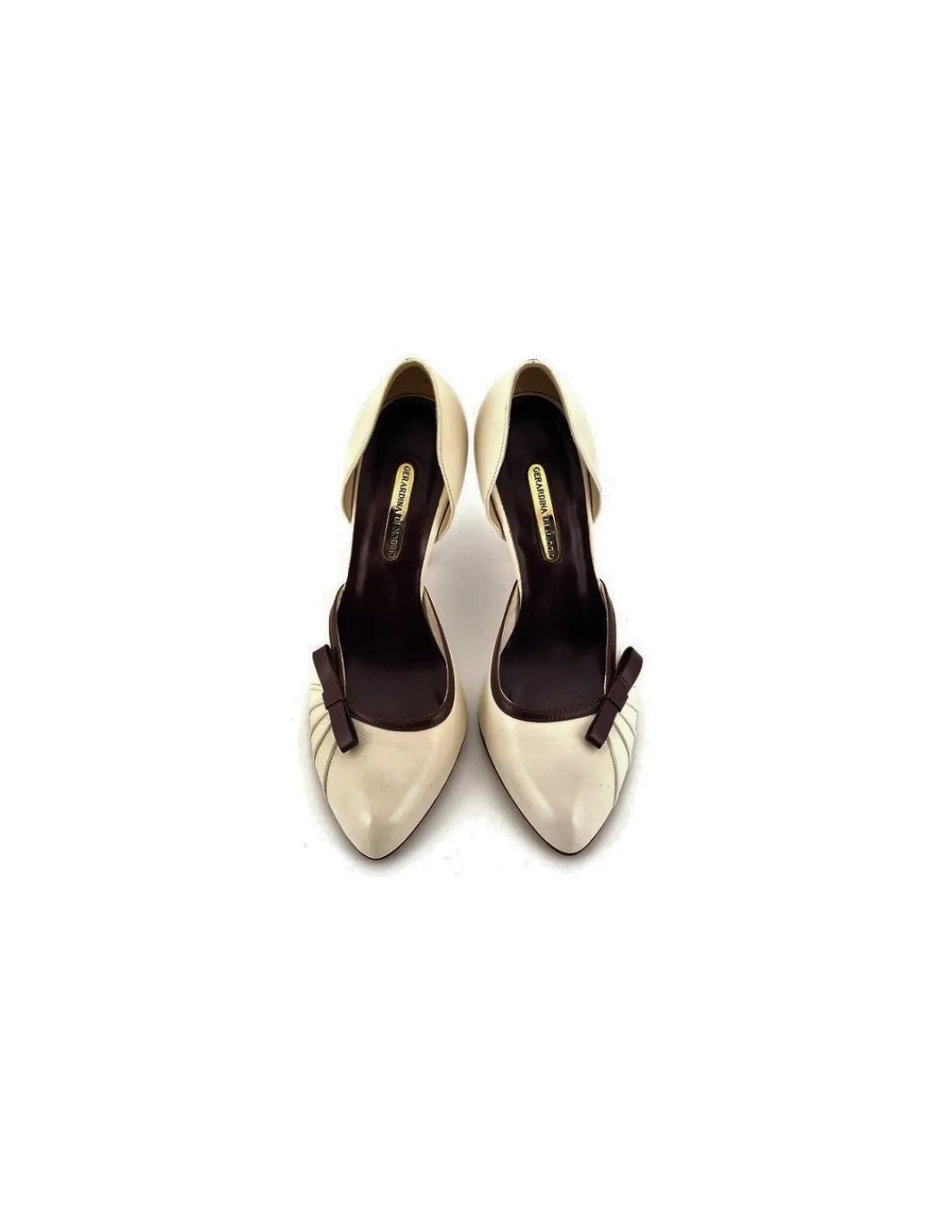 gerardina_di_maggio__czol_1.webp Damskie Gerardina di Maggio czolenka ze skory ecru z brazowa kokardka i unikatowymi obcasami