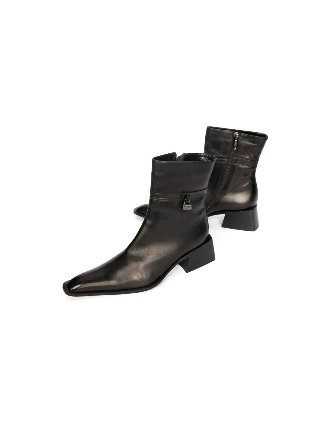 Damskie Gianmarco Lorenzi botki skorzane czarne z zameczkiem, drapiezny nosek i stabilne szerokie obcasy