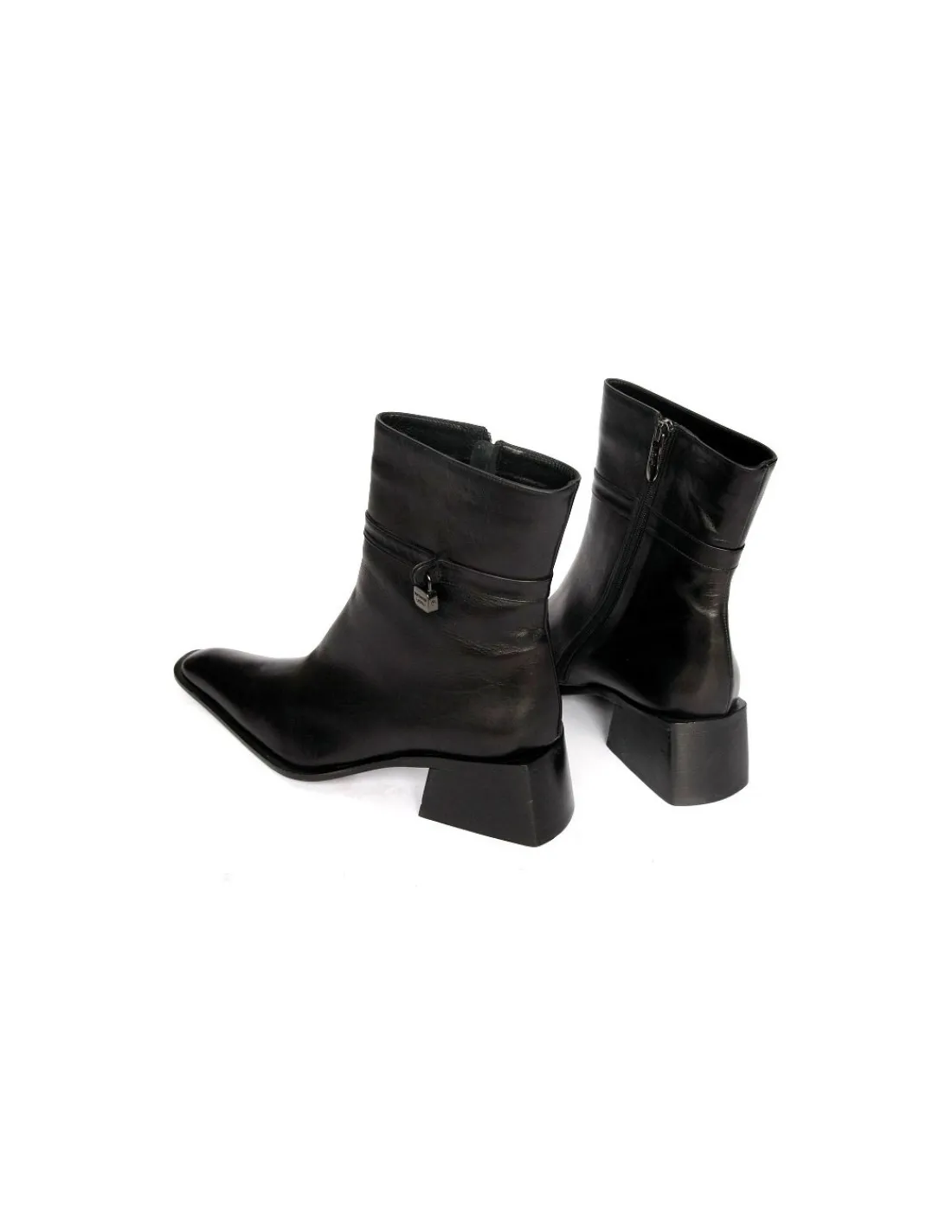 Damskie Gianmarco Lorenzi botki skorzane czarne z zameczkiem, drapiezny nosek i stabilne szerokie obcasy