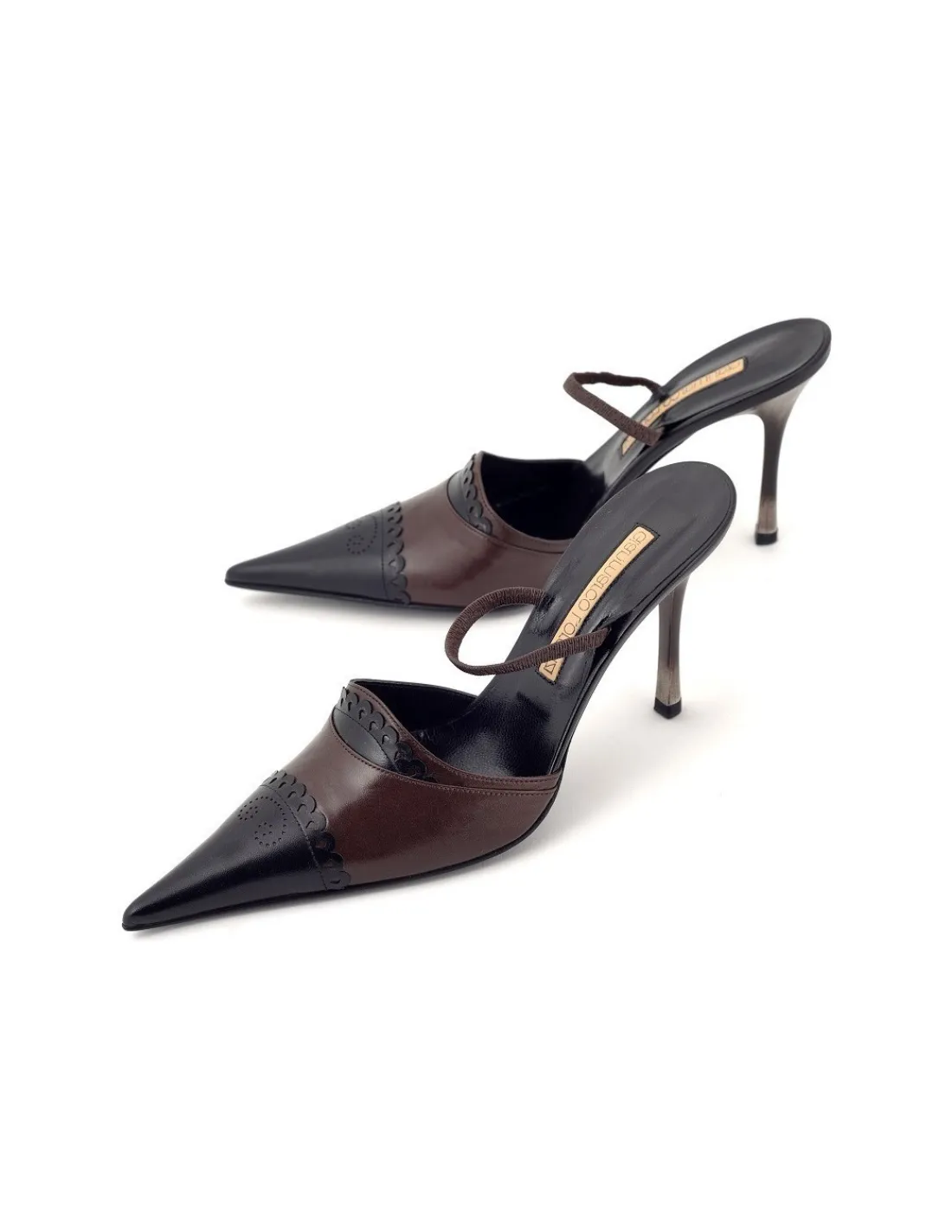 Damskie Gianmarco Lorenzi klapki, mules brazowo-czarne skorzane, piekne wysokie szpilki igly , unikatowe