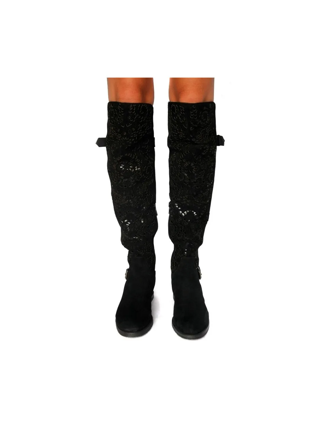 Damskie Giudi kozaki, muszkieterki zamsz laserowo wycinany z czarna lakierowana skora