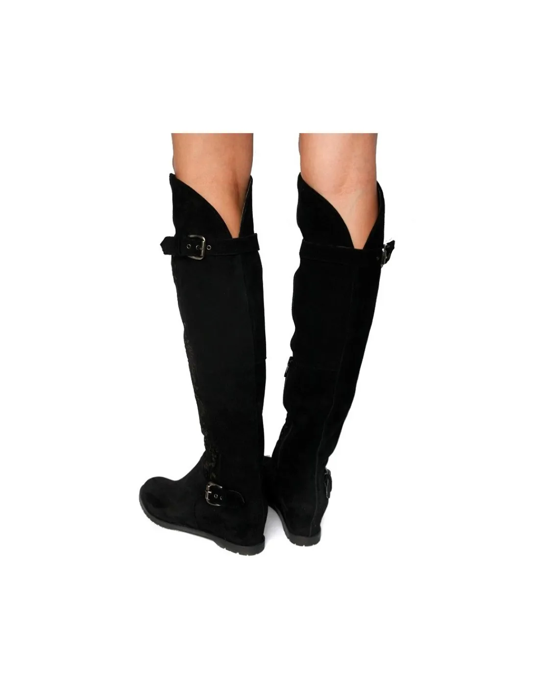 Damskie Giudi kozaki, muszkieterki zamsz laserowo wycinany z czarna lakierowana skora