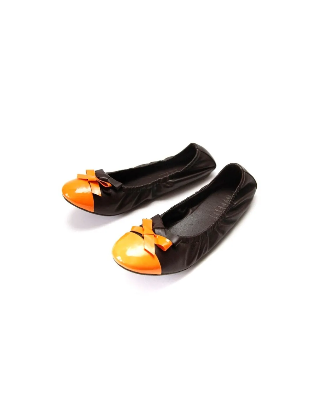 Damskie Graffiti baleriny, baletki casual, brazowa skora z pomaranczowymi lakierowanymi noskami i kokardkami, urocze