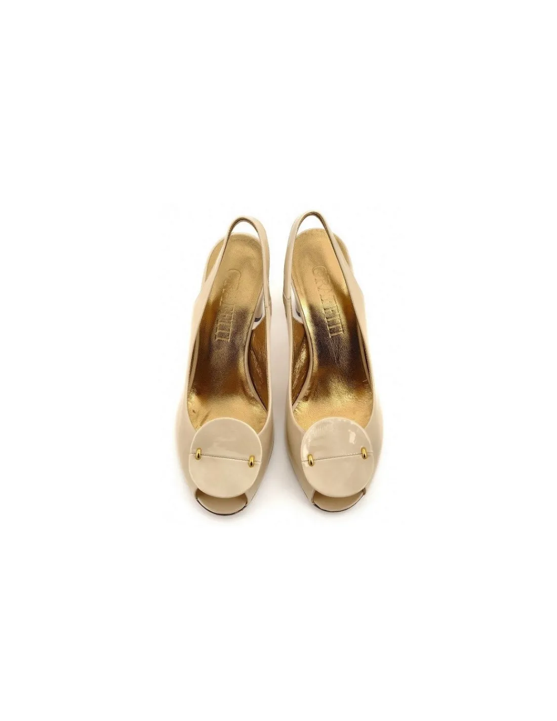 Damskie Graffiti czolenka slingback, bez piet na wysokich obcasach, open toe, lakierowana skora ecru, efektowna klasyka