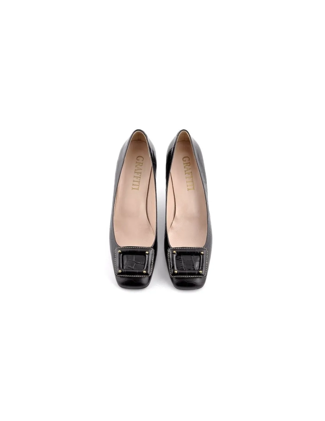 Damskie Graffiti czolenka z naturalnej skory tloczone na wzor croco brazowe z ozdobna klamra