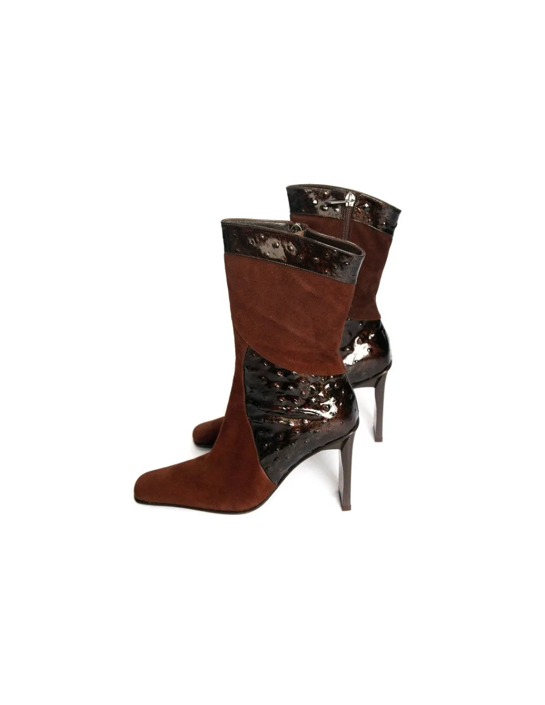 Damskie Guido Sgariglia botki z brazowego naturalnego zamszu w polaczeniu ze skora lakierowana , wysokie obcasy