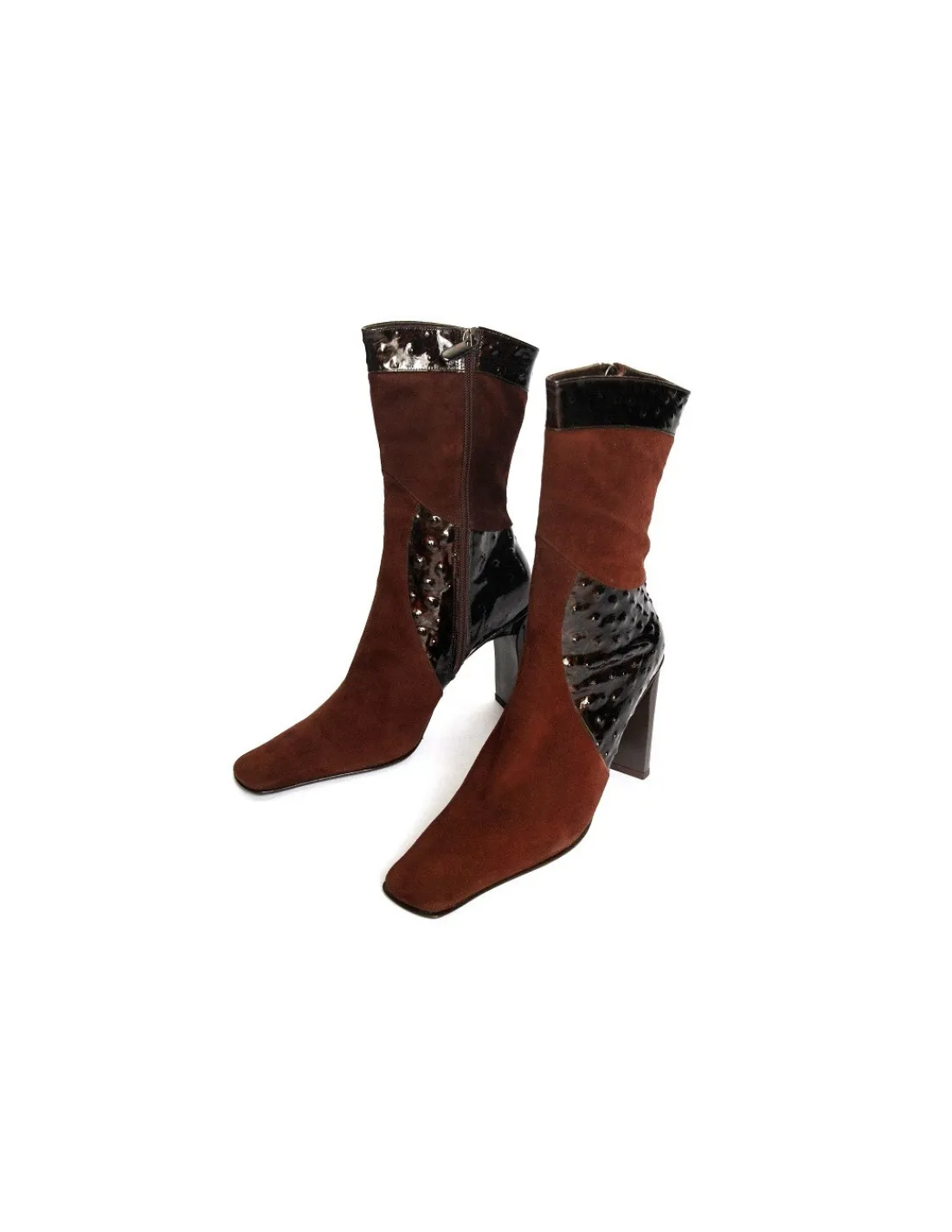 Damskie Guido Sgariglia botki z brazowego naturalnego zamszu w polaczeniu ze skora lakierowana , wysokie obcasy