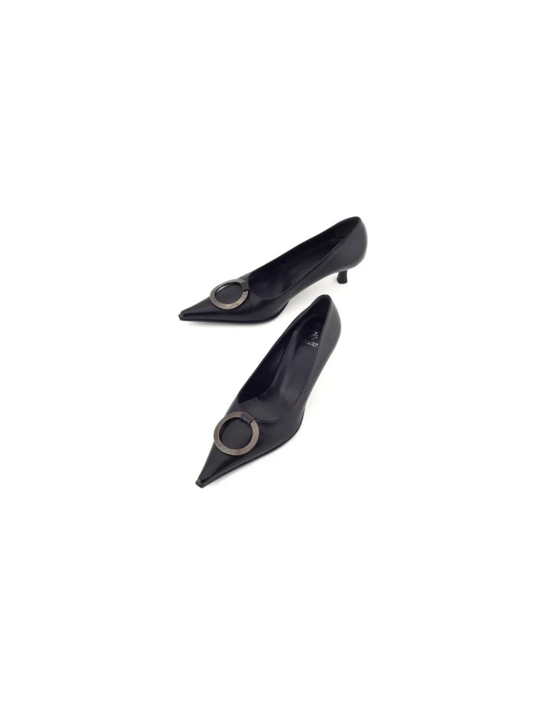 Damskie Guido Sgariglia czolenka czarne skorzane z ozdoba na niskich szpilkach, klasyka