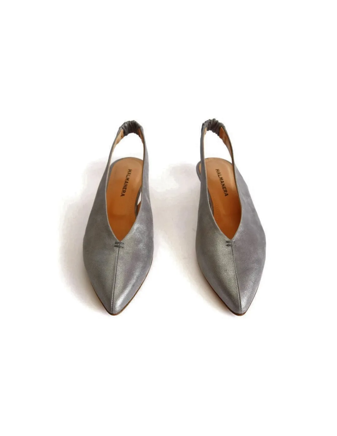 Damskie Halmanera czolenka bez piet, slingback, srebrna skora satynowo metaliczna i niskie biale obcasy, piekna klasyka