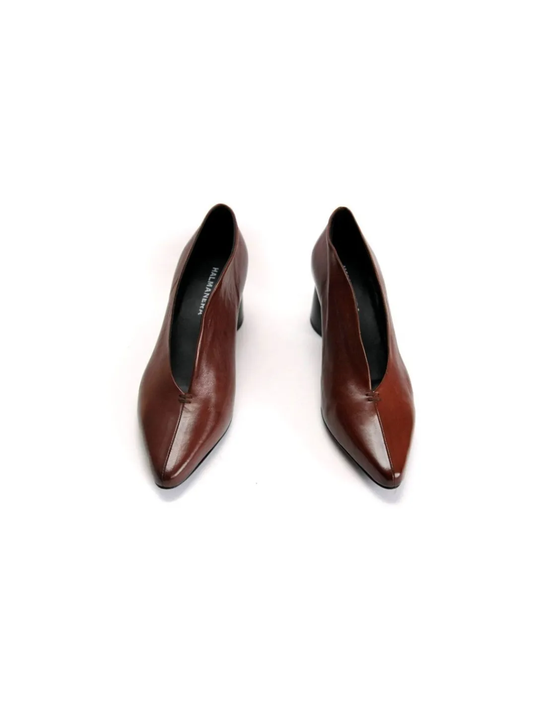 Damskie Halmanera czolenka brazowa skora vintage, niewysokie stabilne obcasy, asymetria