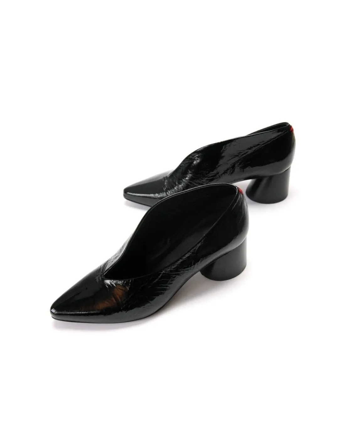 Damskie Halmanera czolenka, naturalna skora czarna lakierowana, stabilne geometryczne obcasy