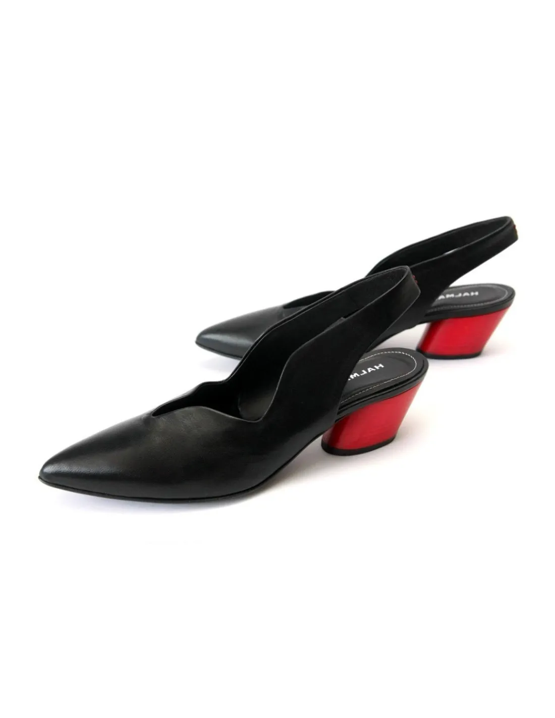 Damskie Halmanera czolenka slingback z otwartymi pietami, czarne, skorzane, zgrabny czerwony obcas, unikatowe