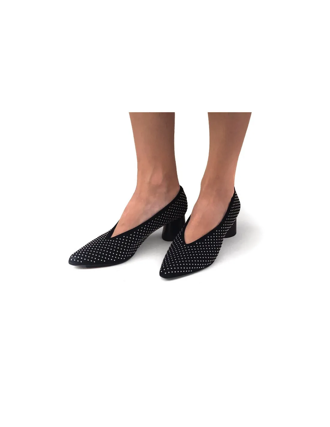 Damskie Halmanera czolenka z czarnego zamszu ze srebrnymi knopikami, zgrabnym wycieciem na komfortowych obcasach