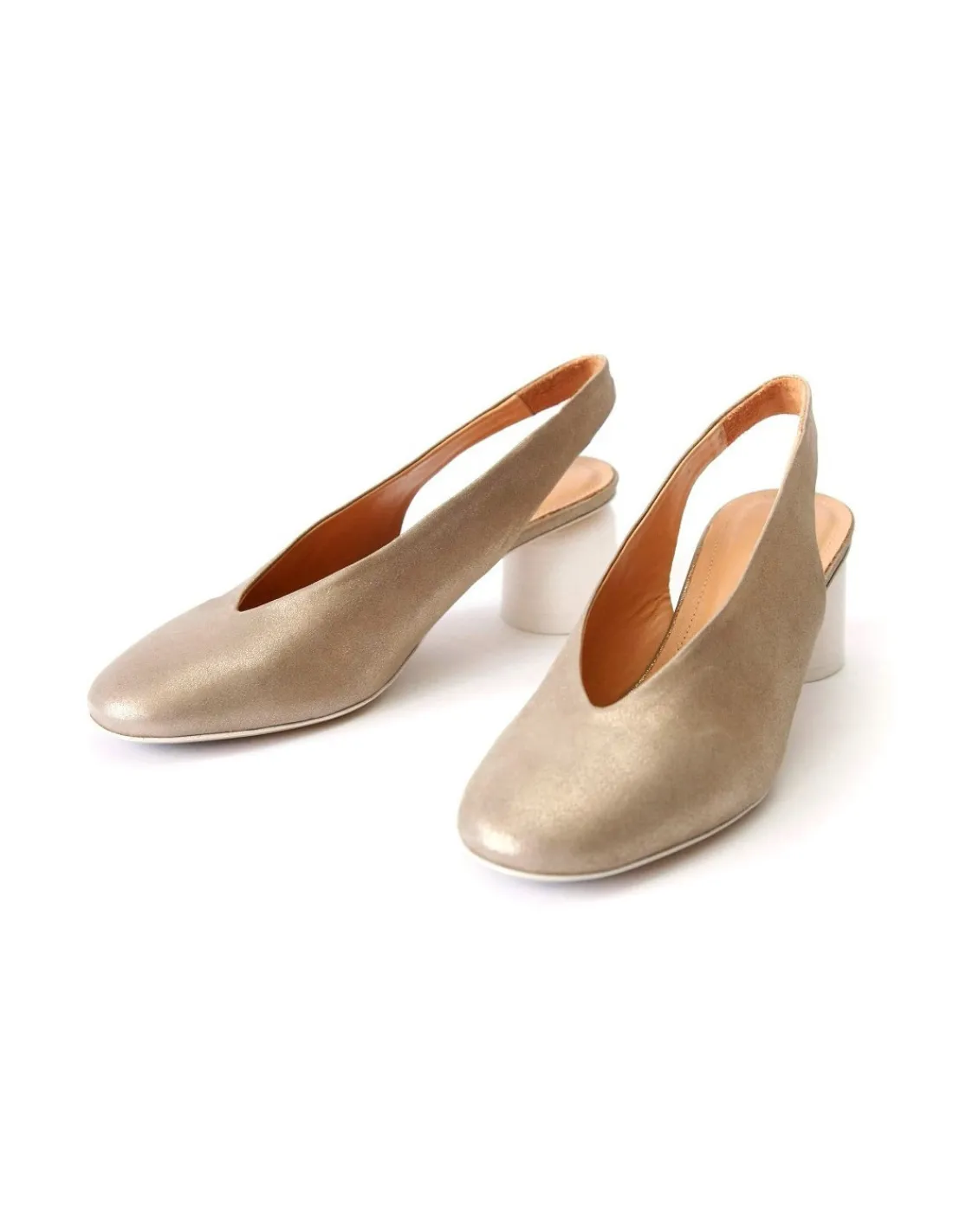 Damskie Halmanera slingback, czolenka bez piet, platynowo-zlota satynowa skora i biale obcasy, efektowne wygodne